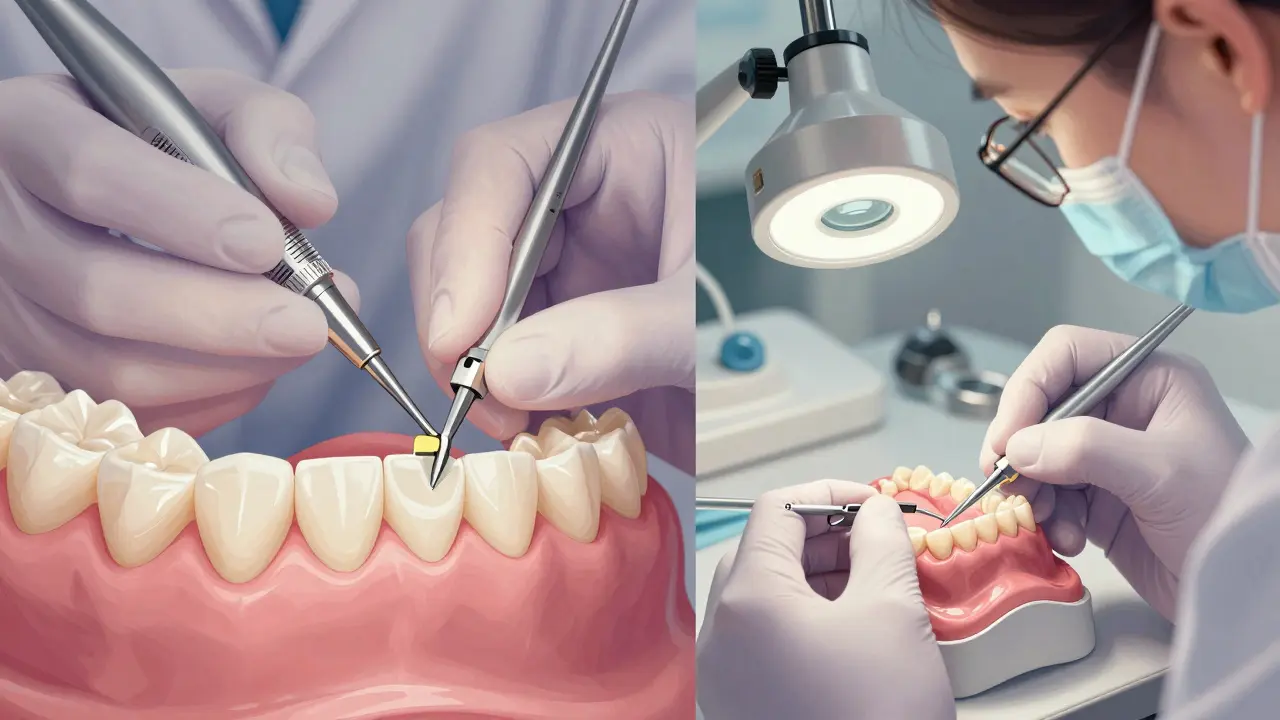 Dentista aplikuje keramickou fazetu v laboratoři s přesnými nástroji