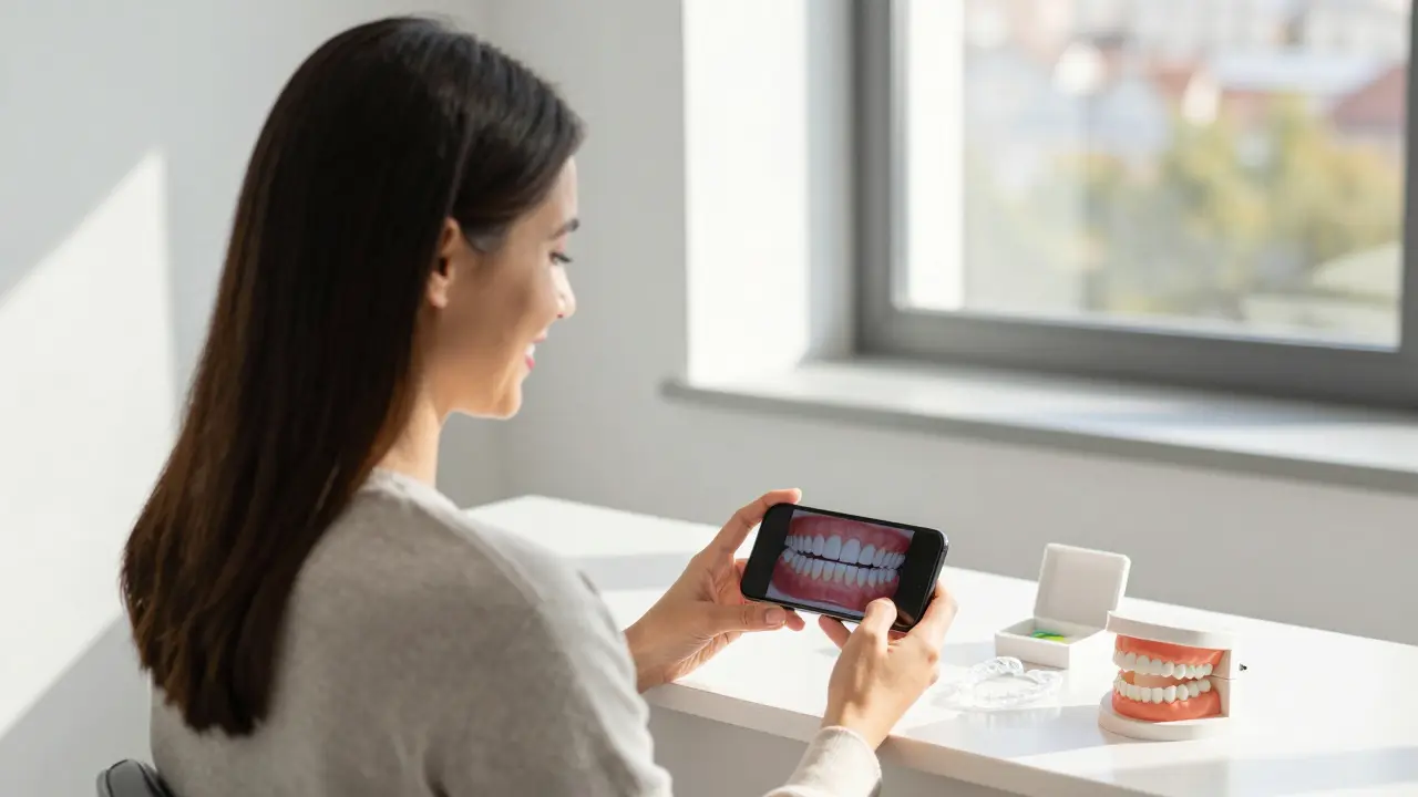 Dospělý pacient v klinice s téměř neviditelnými alignery a 3D modelem svých zubů na stole.