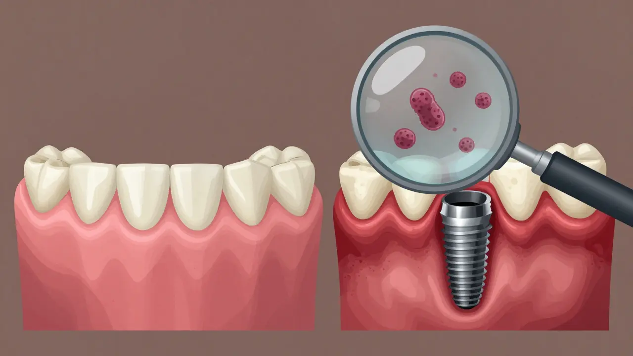 Dva zubní implantáty: jeden zdravý, druhý s zánětem a náležitostí plaku.