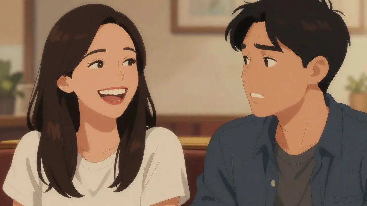 Dvě osoby ve společenské situaci – jedna otevřeně směje, druhá se zadržuje, když mluví.