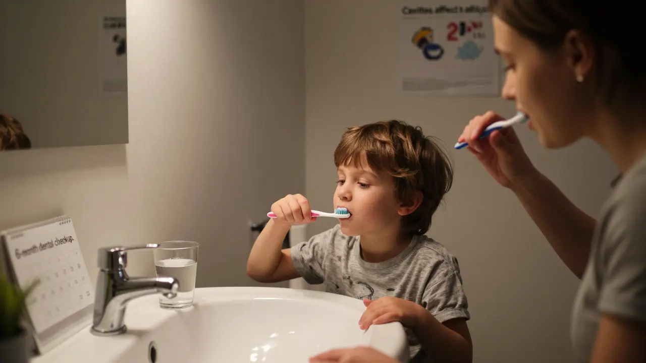 Family brushing teeth together at home, with water and dental calendar visible.