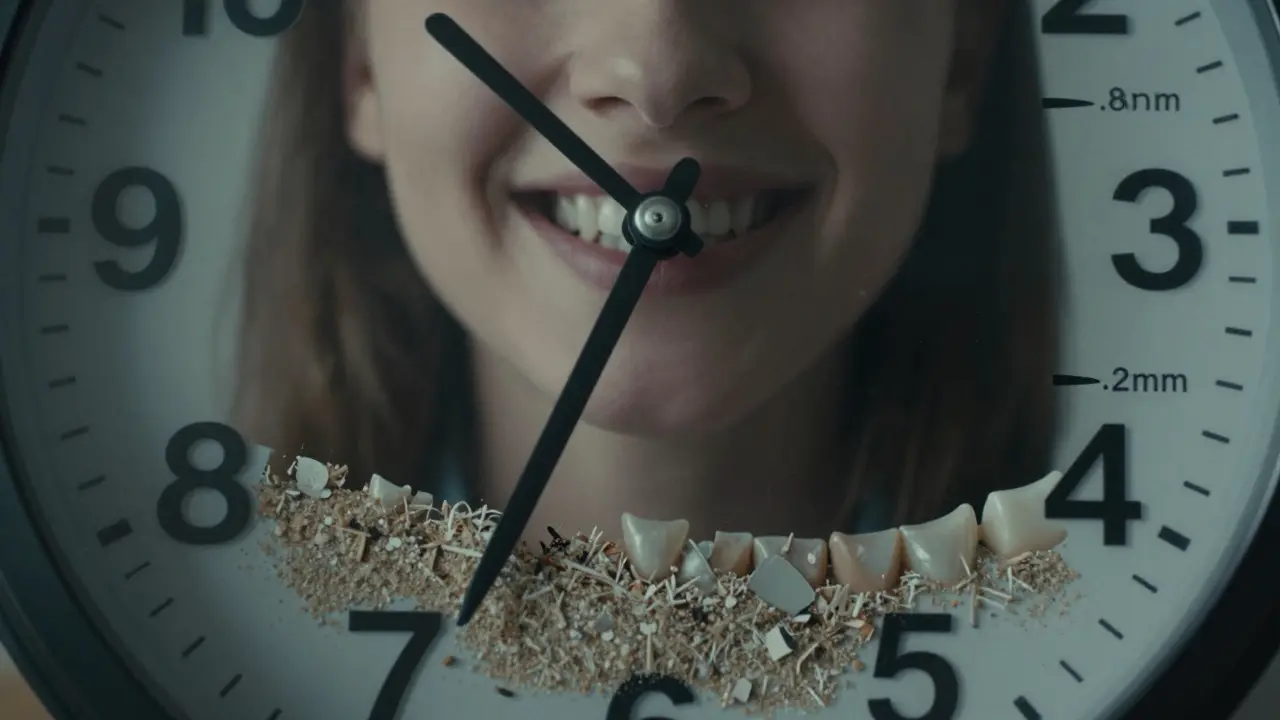 Hodiny s tvarem zubu jako ciferníkem — tloušťka skloviny klesá s časem, pod nimi se hromadí mikroskopické úlomky.