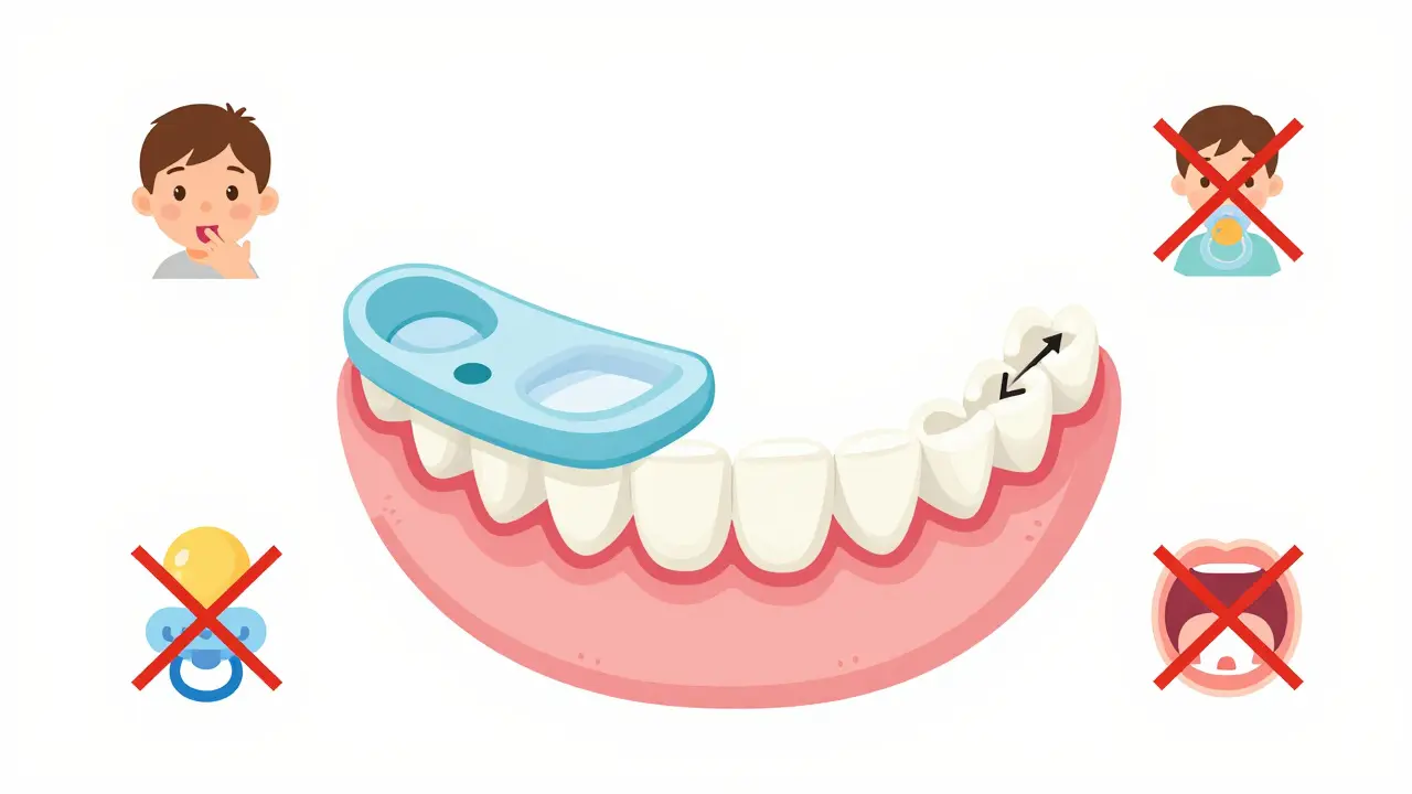 Ilustrace čelisti s rozšiřovačem a odstraněním špatných návyků.
