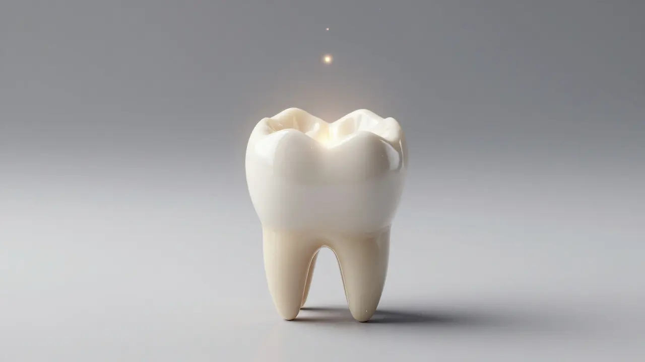 Jeden zub s keramickou vložkou září pod osvětlením, ostatní zuby jsou rozmazané.