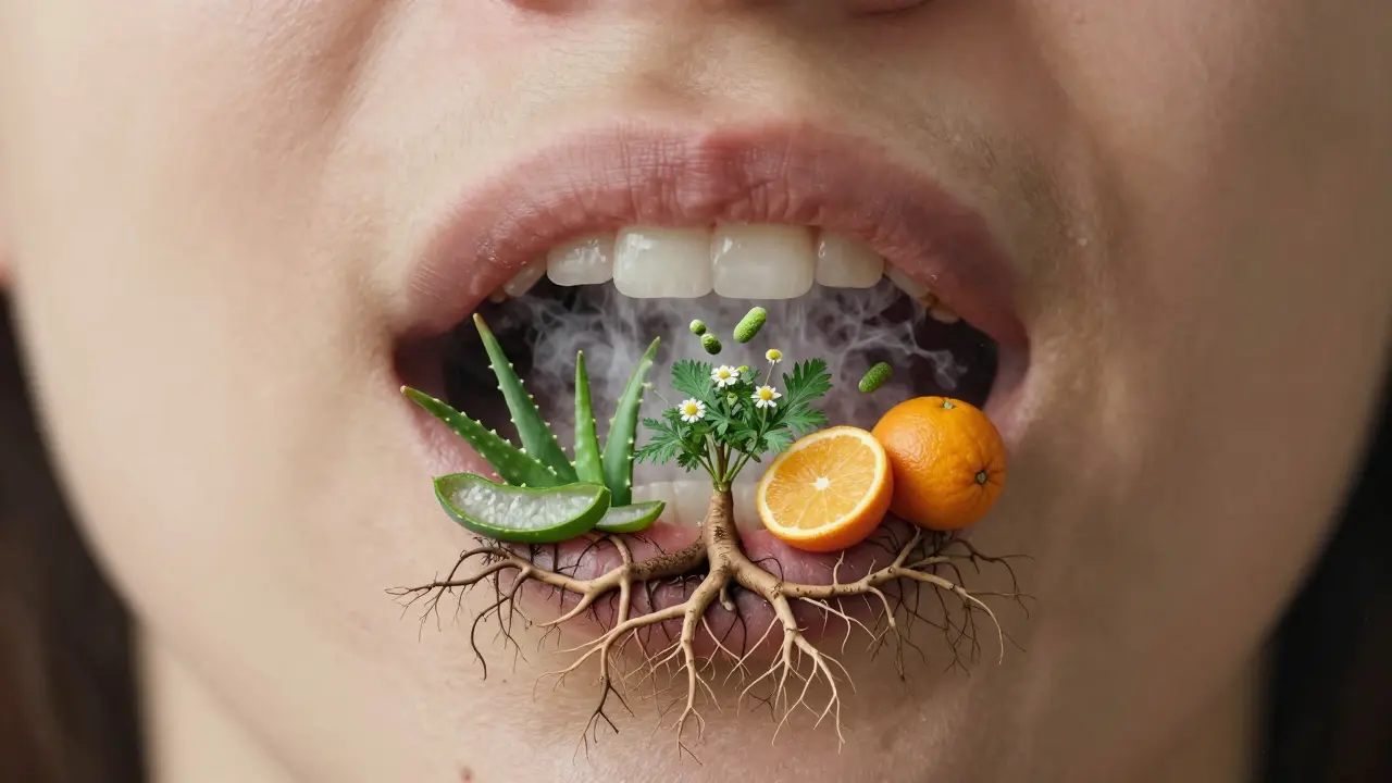 Kořeny stromů z dásní symbolizují přírodní hojení, bakterie se rozplynou ve vodě.