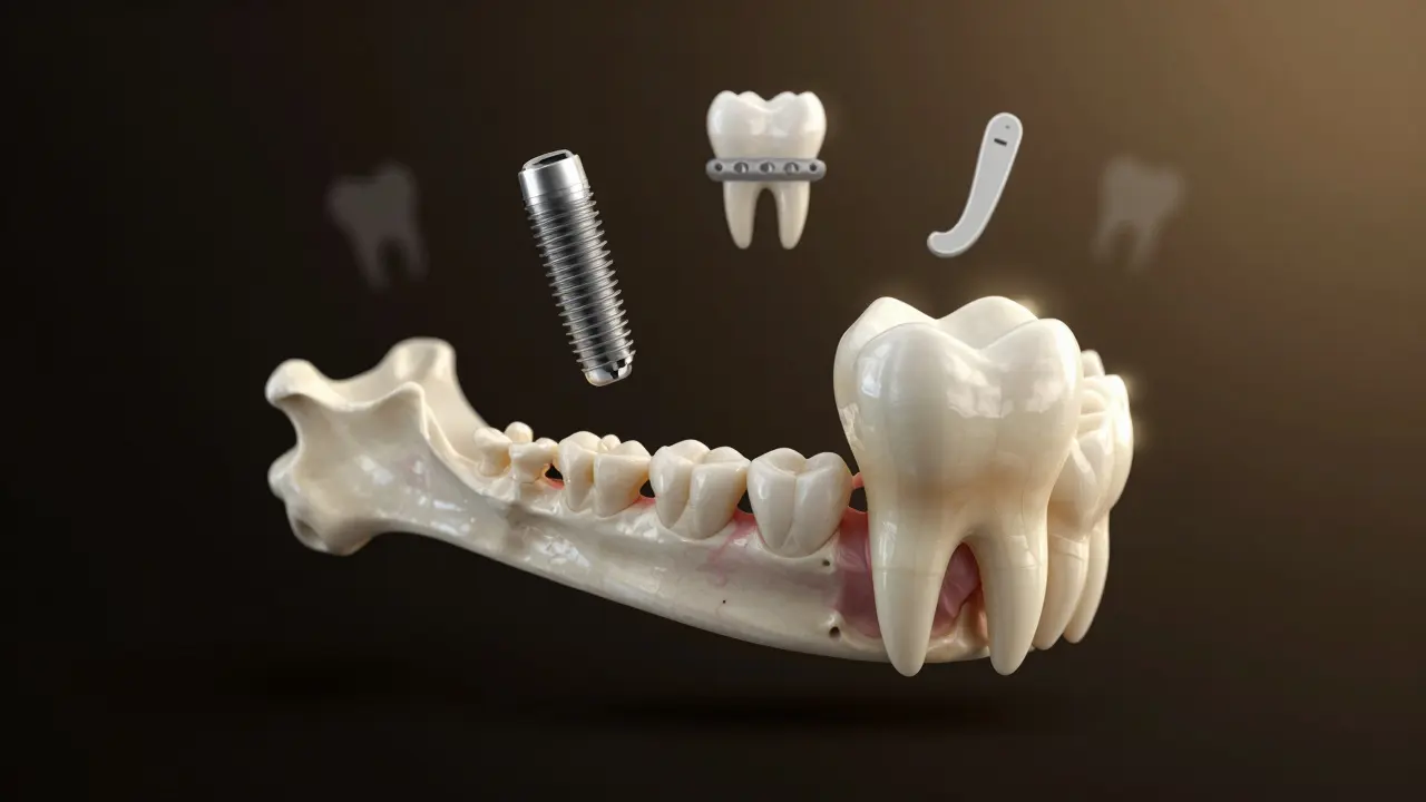 Kost čelisti s porovnáním zdravé a resorbované oblasti, s ikonami zubních náhrad.