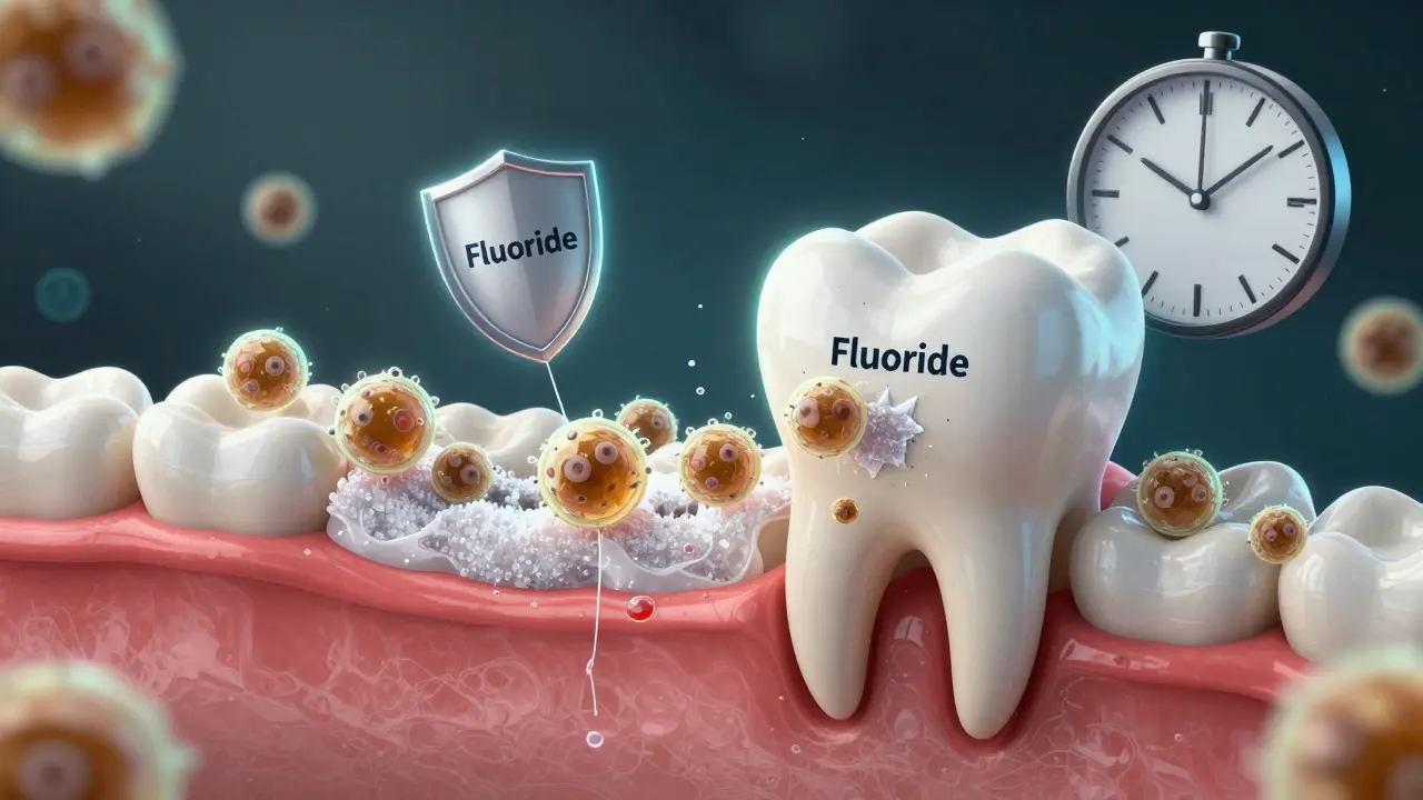 Microscopic view of bacteria eroding tooth enamel, with fluoride repairing damage.
