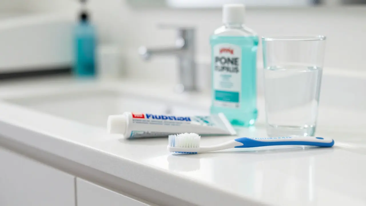 Na stole jsou měkký kartáček, fluoridová pasta a bezalkoholový ústní sprej vedle sklenice vody.