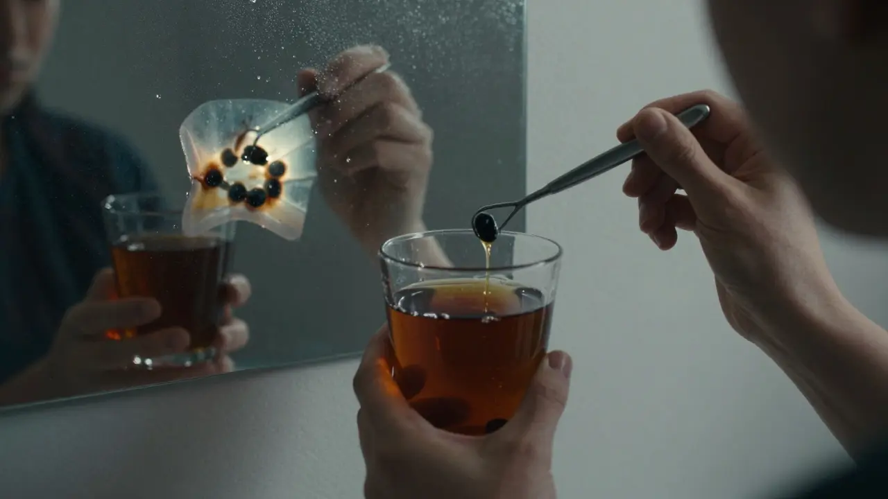 Osoba se zrcadlem, kde se na zubech objevují stíny zubního kamene z černého čaje a železa.