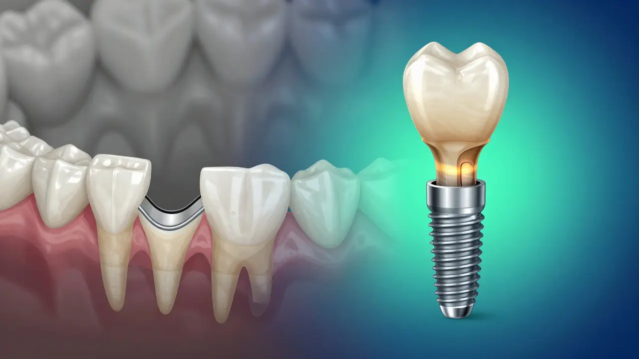 Porovnání tradičního mostu a implantátu s udržením kosti.