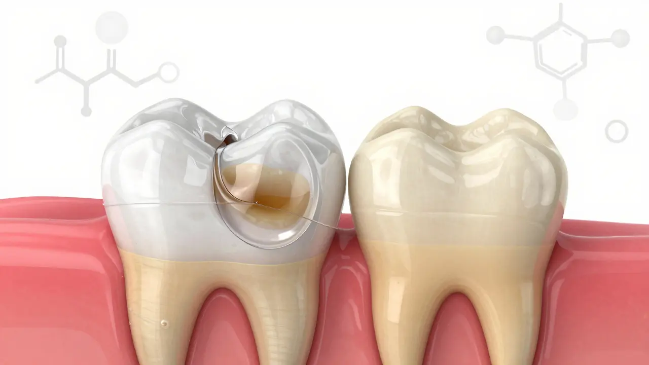 Příčný řez zubu ukazující, jak bělící gel působí na sklovinku, zatímco kompozitní plomba zůstává nezměněná.