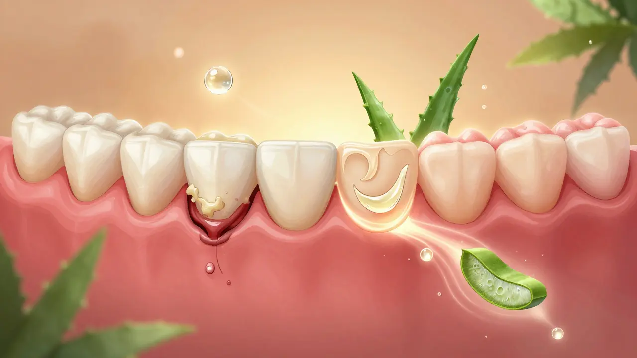 Přirozené uzdravení dásní: zánětlivé dásně na jedné straně, zdravé na druhé, s aloe a bylinami.