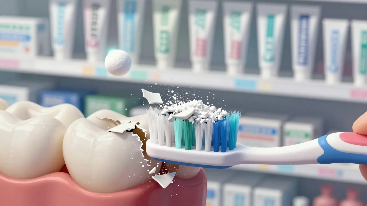 Štětec čistí zub, z něj se odlupují vrstvy skloviny, zatímco fluorid neudělá nic. Pozadí je police s bělícími pastami.