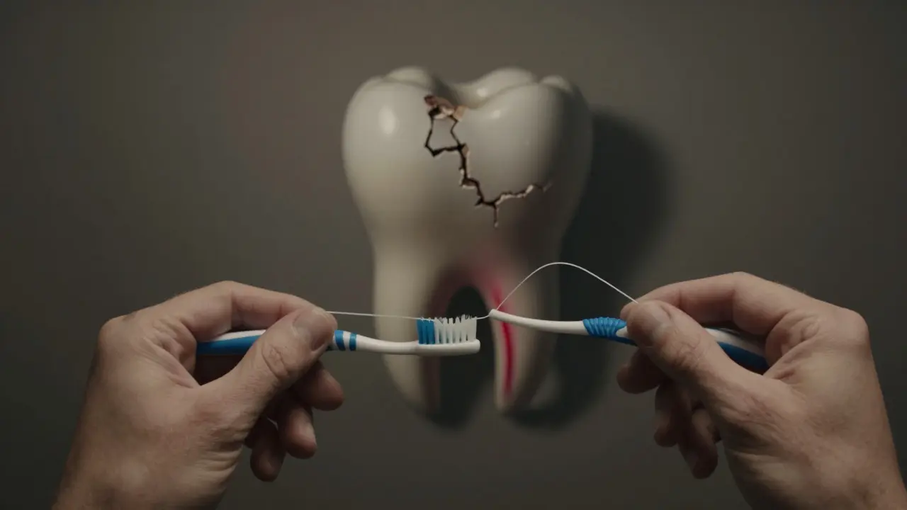 Stínový obraz zubu zničeného zanedbáváním, zatímco ruce drží kartáček a nit, symbolizující započatou prevenci.