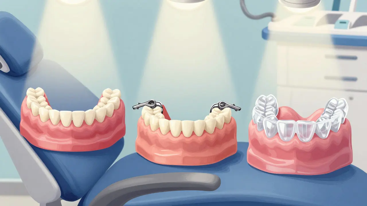 Tři druhy náhrad předního zubu: most, částečná protéza a průhledná protéza na stolku u zubního křesla.