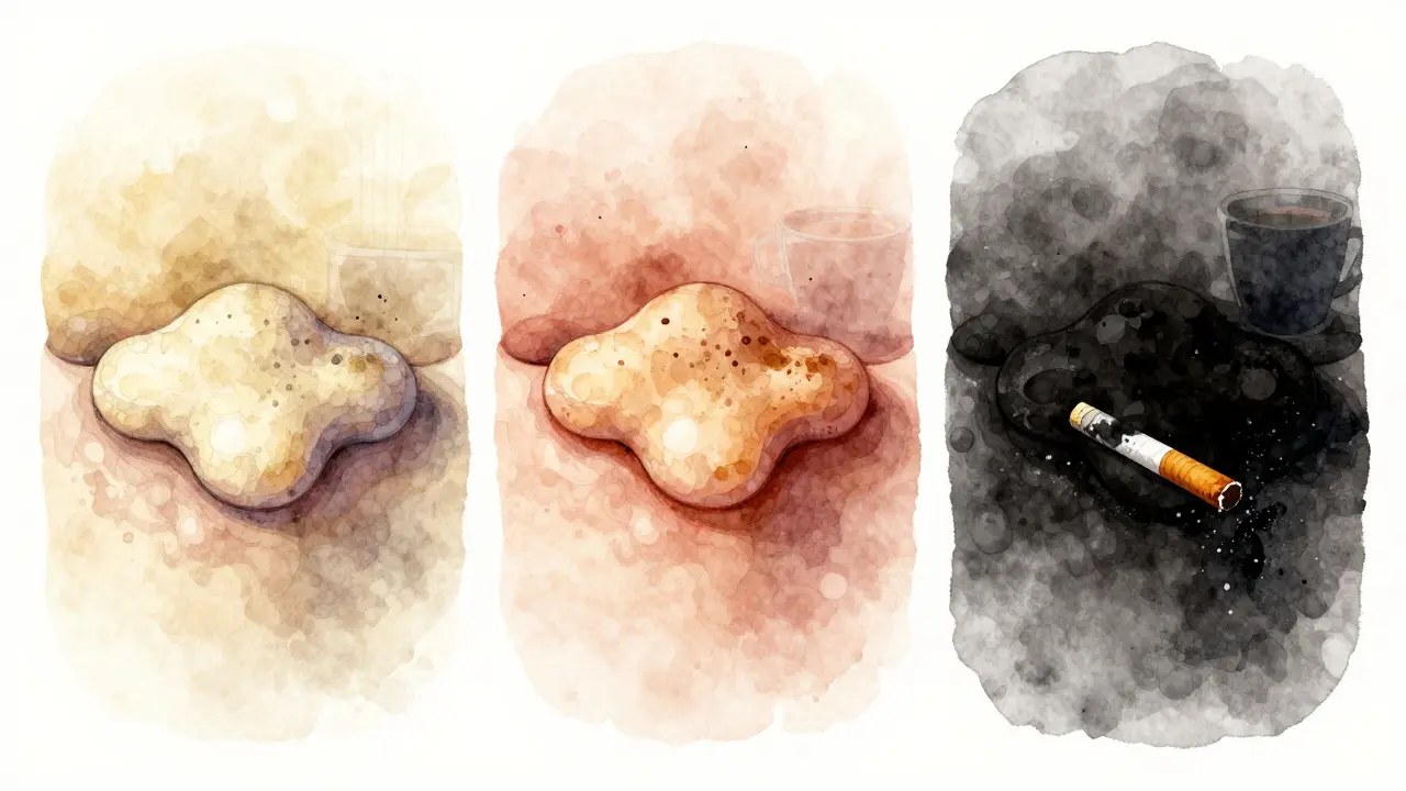 Třípanelová ilustrace přeměny zubního plaku na černý kámen s vlivem kouření a černého čaje.