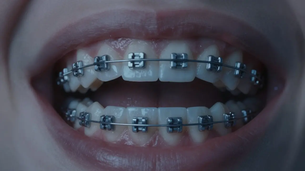 Vnitřní strana zubů s lingválními rovnátky, viděná z ústní dutiny.