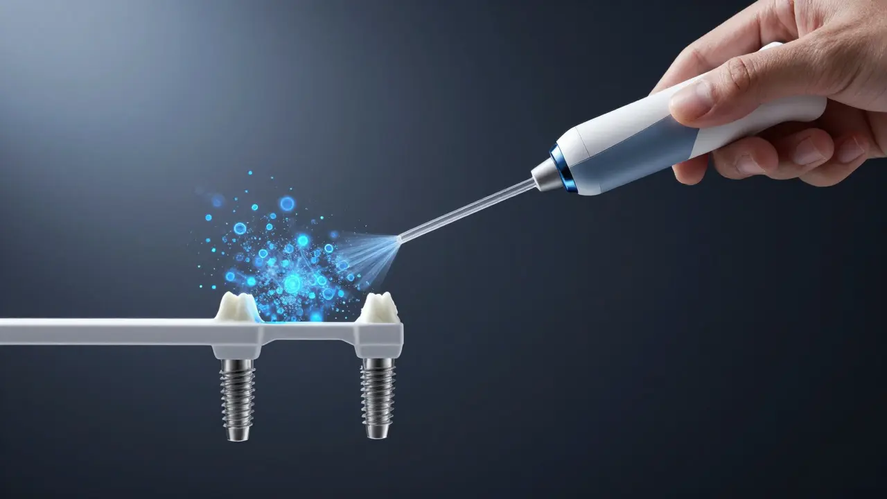 Vodní proud čistí implantát pod mostem, bakterie jsou znázorněny jako modré částice.