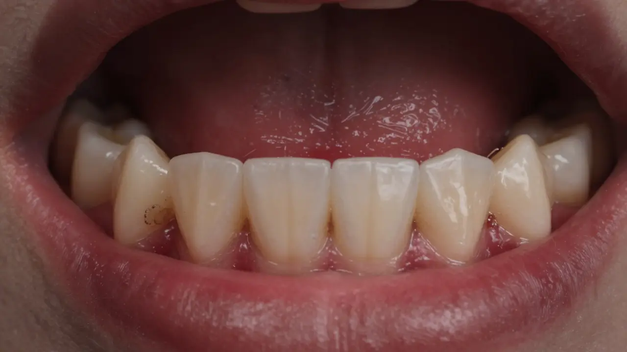 Zapalené dásně s krvácením a zubním kamenem u základny zubu