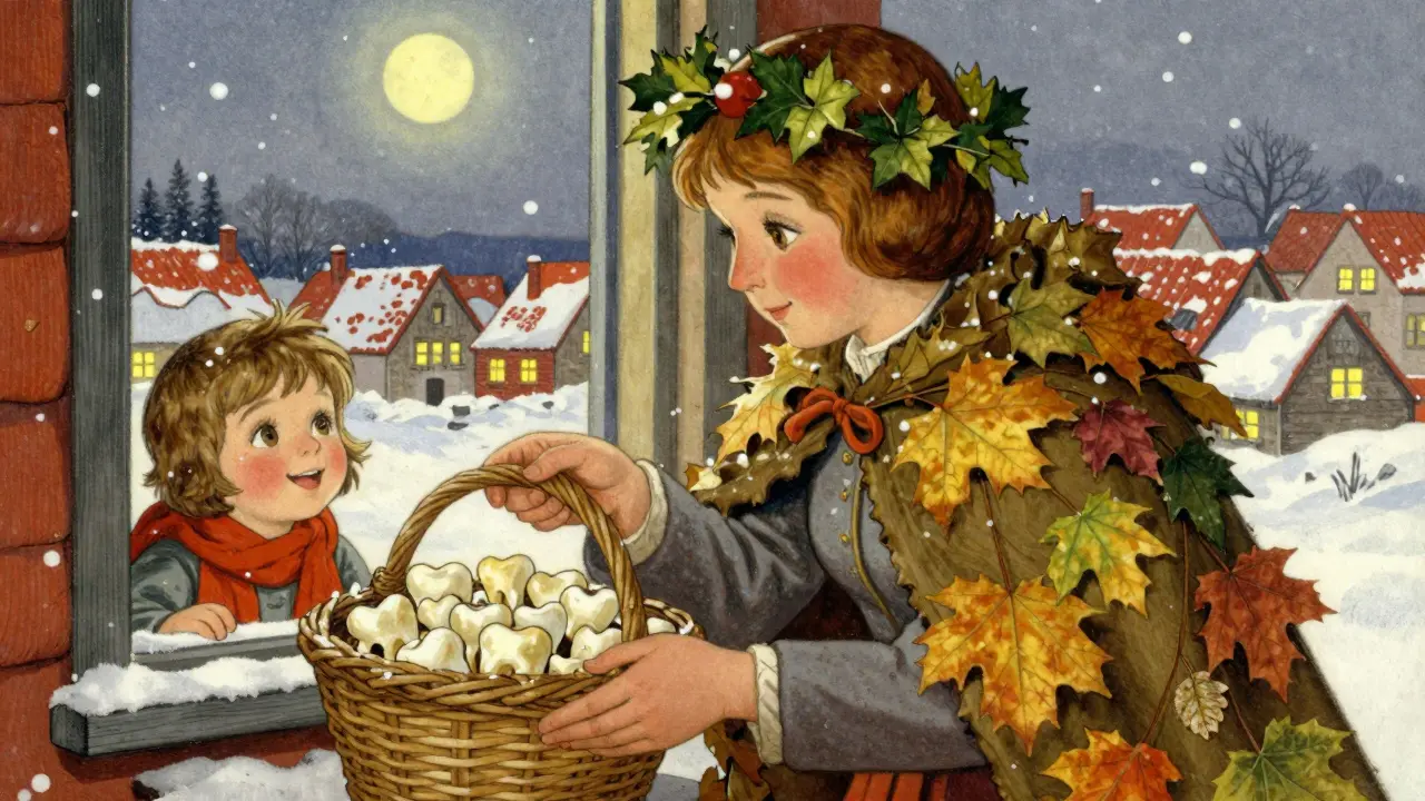 Zoubková víla s lístkovým šálem sbírá zuby z košíku, dítě pozoruje z okna za sněžící vesnicí.