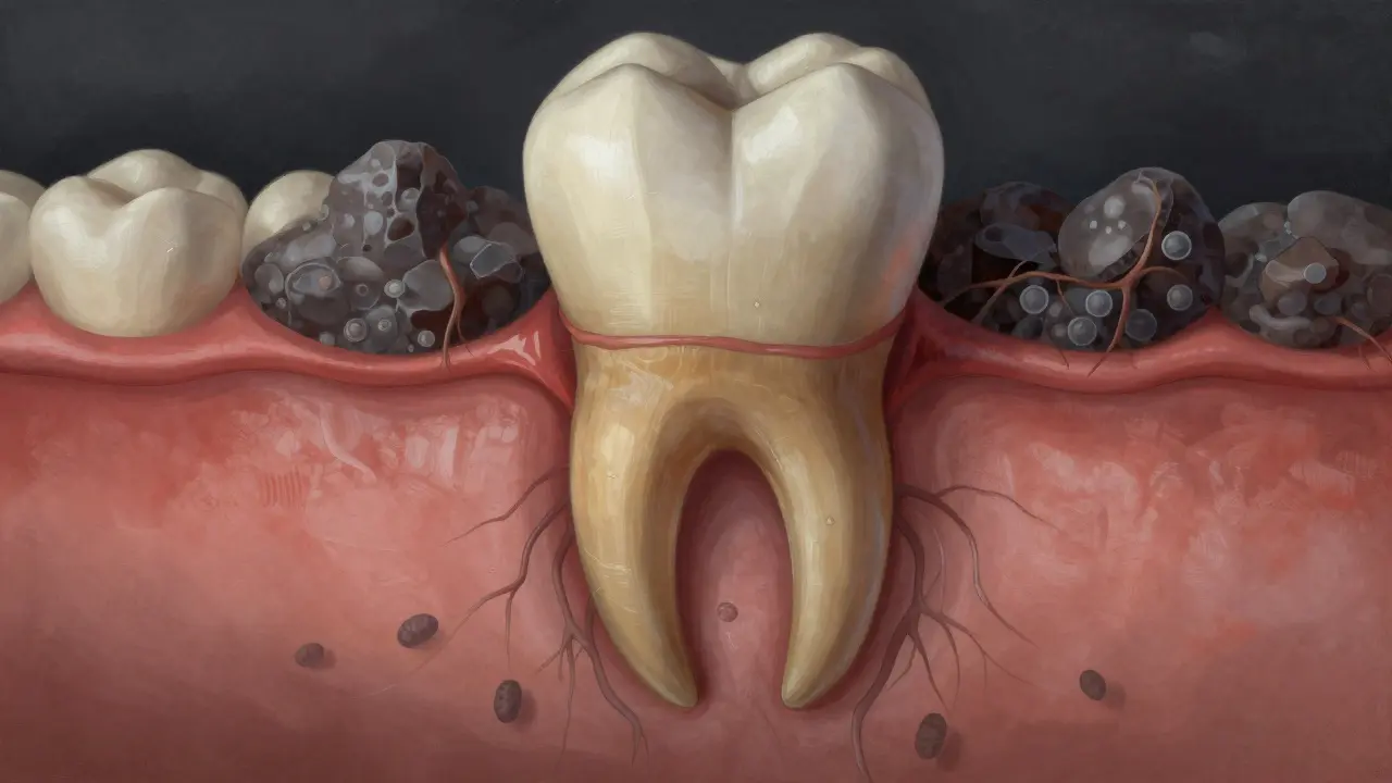 Zubní kořen pokrytý kamenem a bakteriemi, které ničí kost, s recedujícími dásněmi v artistařickém stylu.