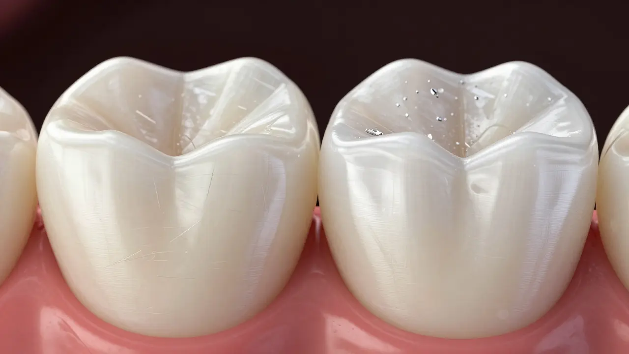 Zvětšený pohled na zubní sklovinu s poškozením od abraziv a ochrannou vrstvou fluoridu.