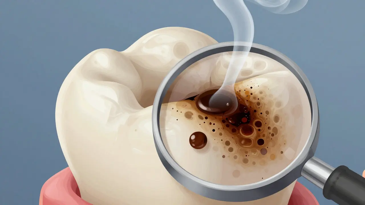 Zvětšený řez zubem, kde barviva z kávy a cigaret vstřebávají do pórovitého emailu.