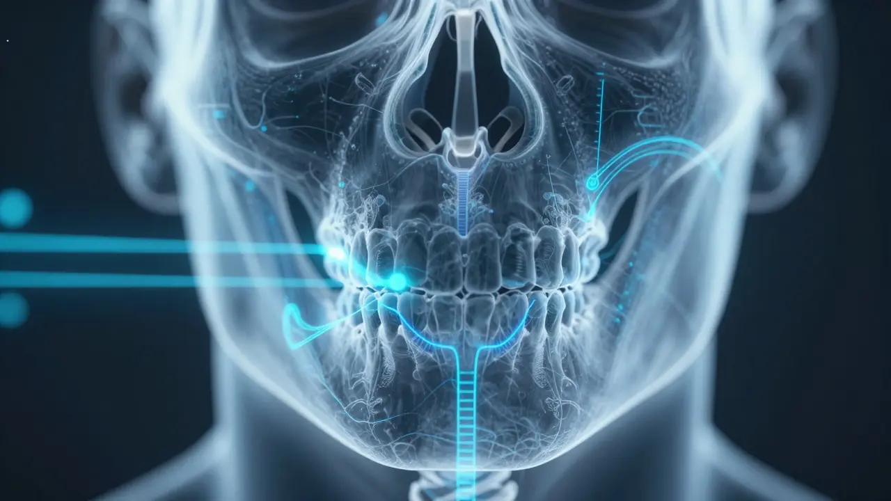 Abstraktní vizualizace skenování struktur čelisti pro diagnózu.