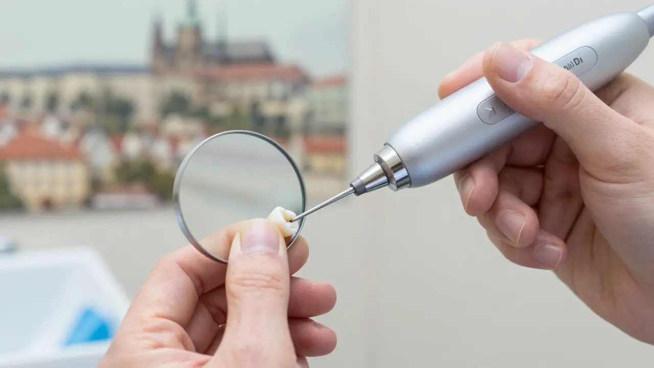 Close-up of dental tools gently cleaning tooth enamel with Prague skyline reflection.