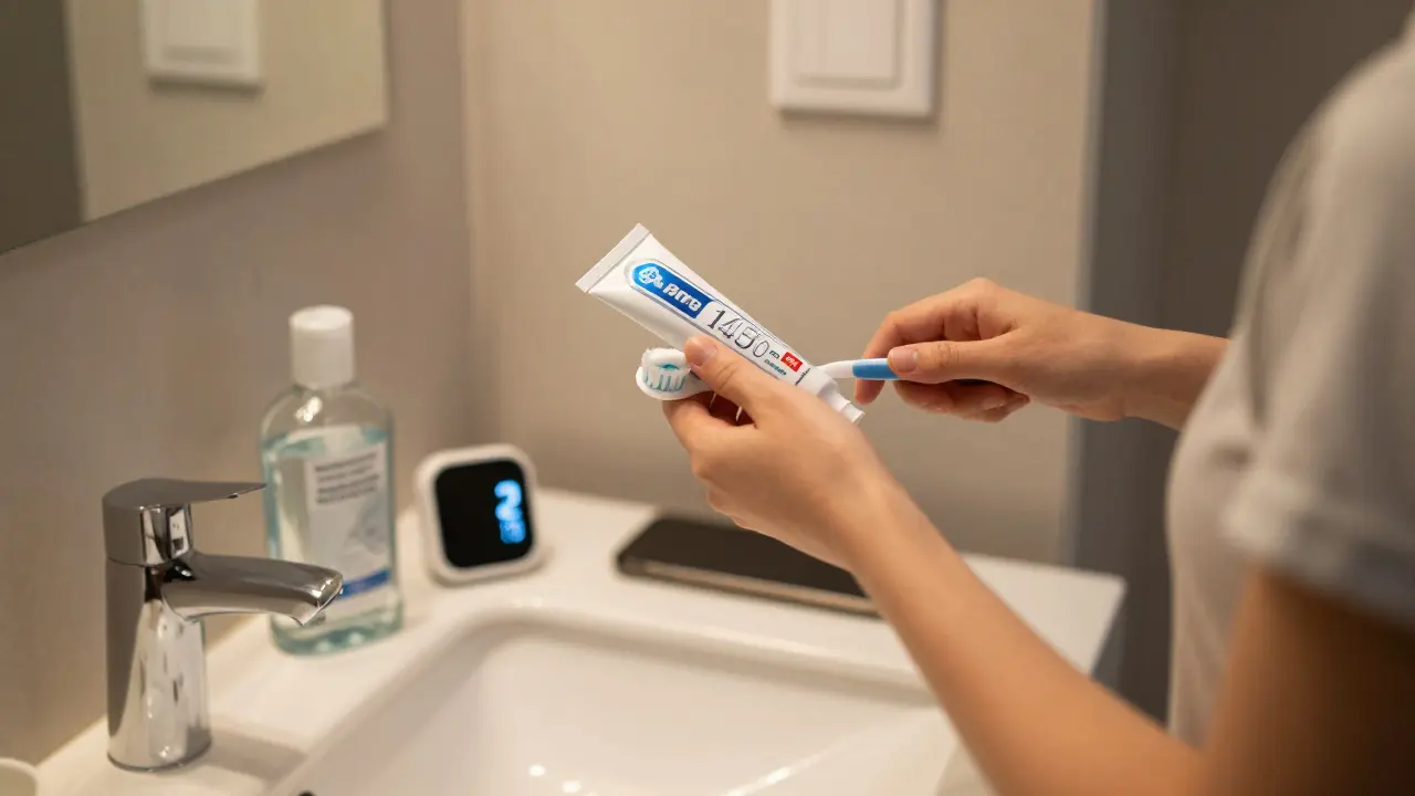 Člověk čistí zuby večer s fluoridovou pastou a sklenicí vody.