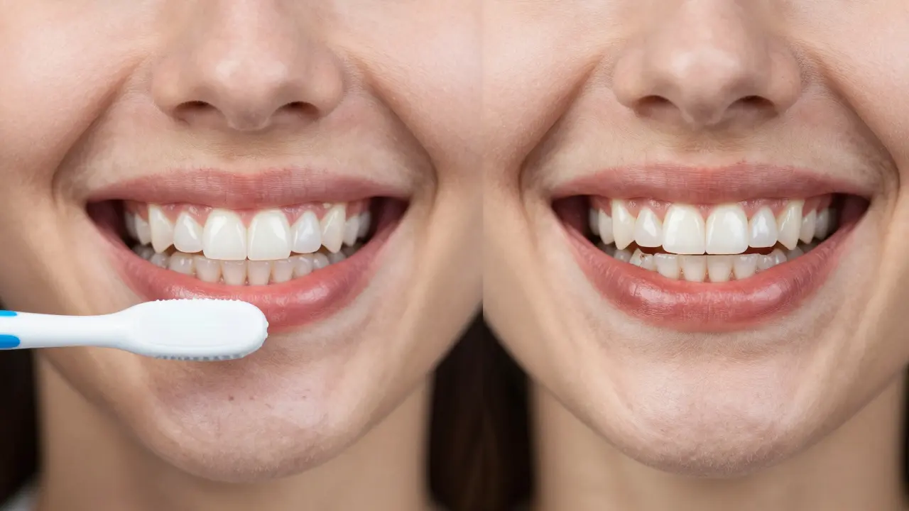 Contrasting smiles: one with well-maintained veneers, one with damaged, stained ones.