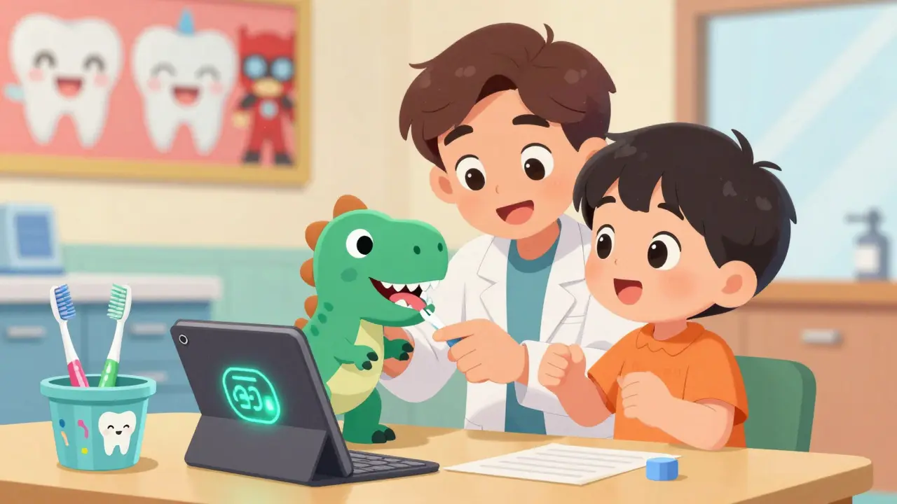 Dětský zubař vysvětluje čištění zubů dítěti pomocí hračky dinosaura.
