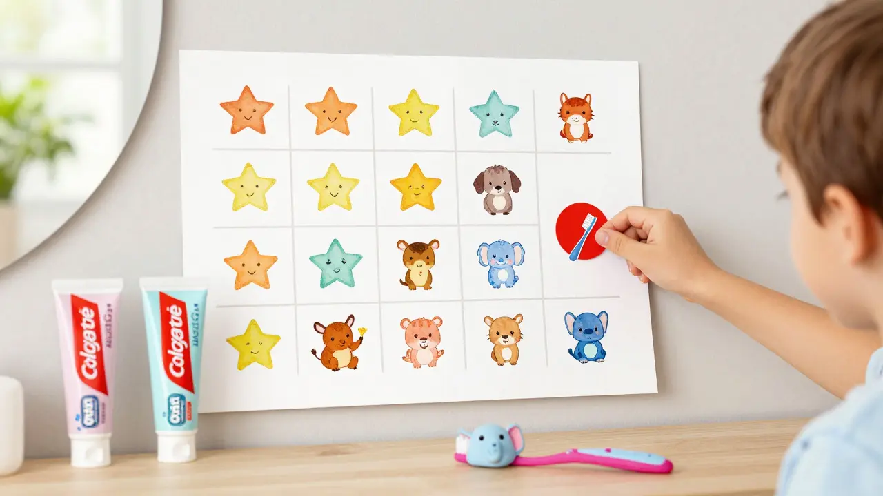 Dítě přidává nálepku na plán čištění zubů s obrázky zvířátek.