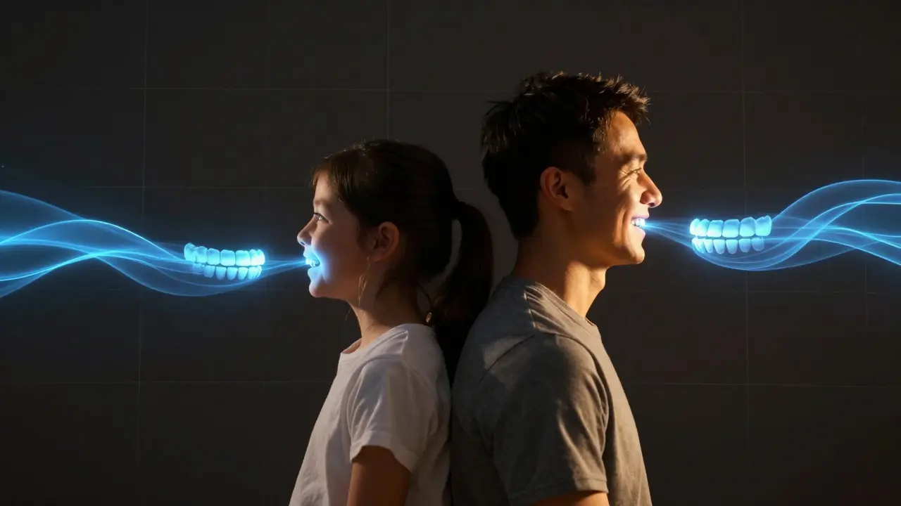 Dospělý a dítě se světlými stopami pohybu zubů symbolizující léčbu v různých věkách