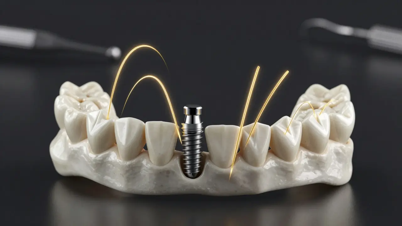 Glowing force lines showing how precise tooth adjustment prevents bone loss around an implant.