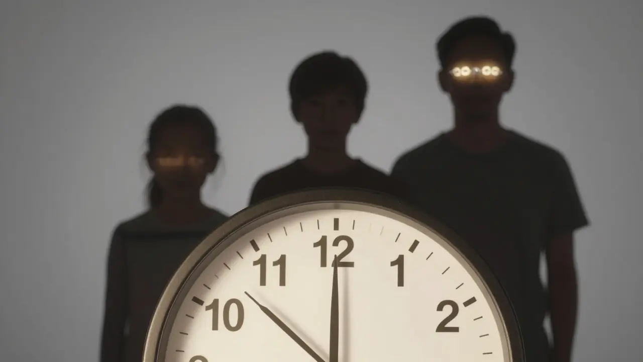 Hodiny s ortodontickými drátky jako ručičkami, symbolizující léčbu v různých věkových skupinách.