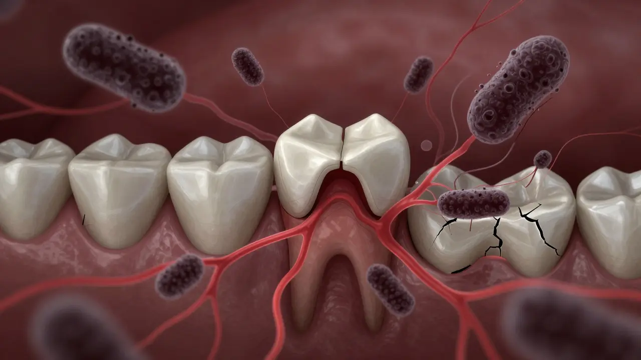 Koncepční znázornění šíření infekce z jamky po vytržení zubu do čelisti a krve.