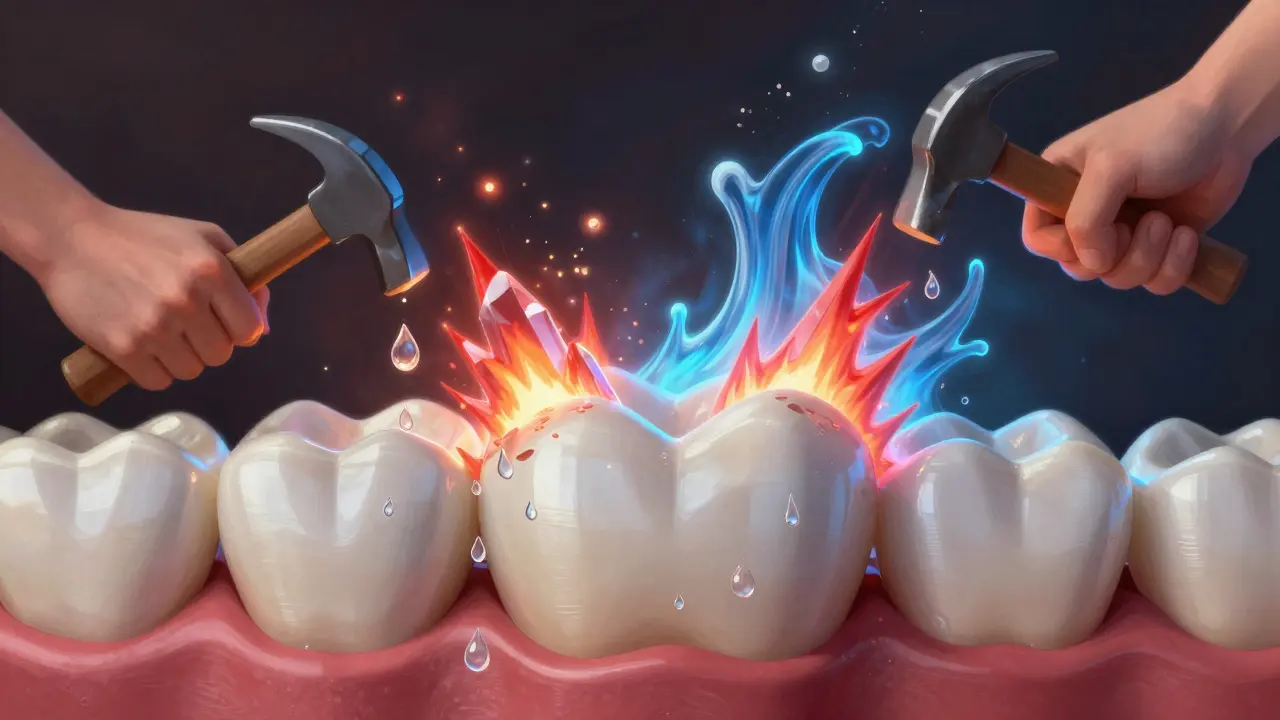 Konceptuální obrázek kyselé eróze skloviny spolu s mechanickým a teplotním stresem.