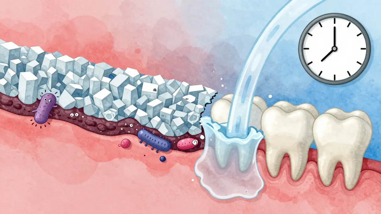 Konceptuální obrázek obnovujícího se zubního emailu s minerály a odplavenými bakteriemi.