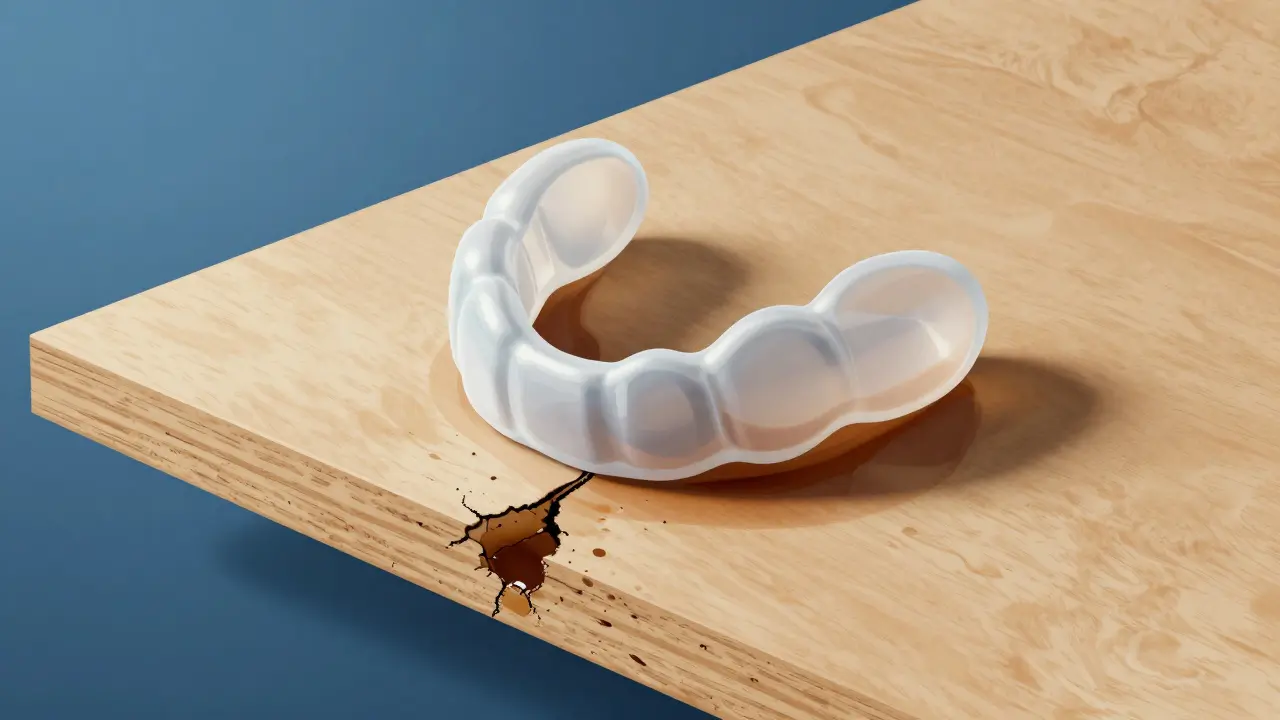 Magnified view of composite veneer with cracks and stains, night guard nearby.