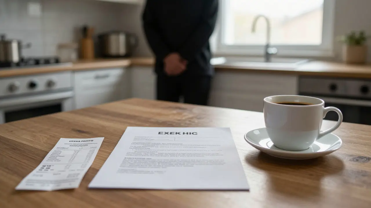 Oficiální upomínka o dluhu leží na stole vedle účtu za zubní léčbu.