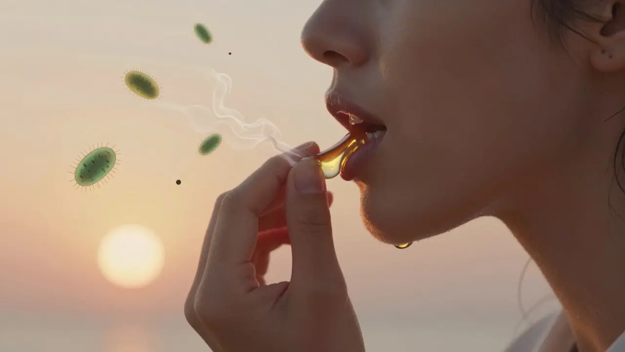 Osoba používá kokosový olej pro vyplachování úst při ranním světle.