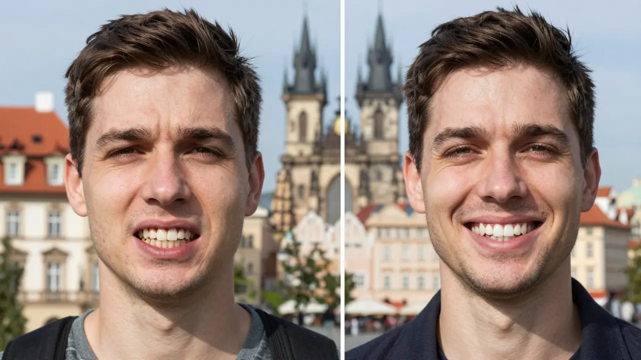 Patient before and after professional teeth cleaning with visible improvement.