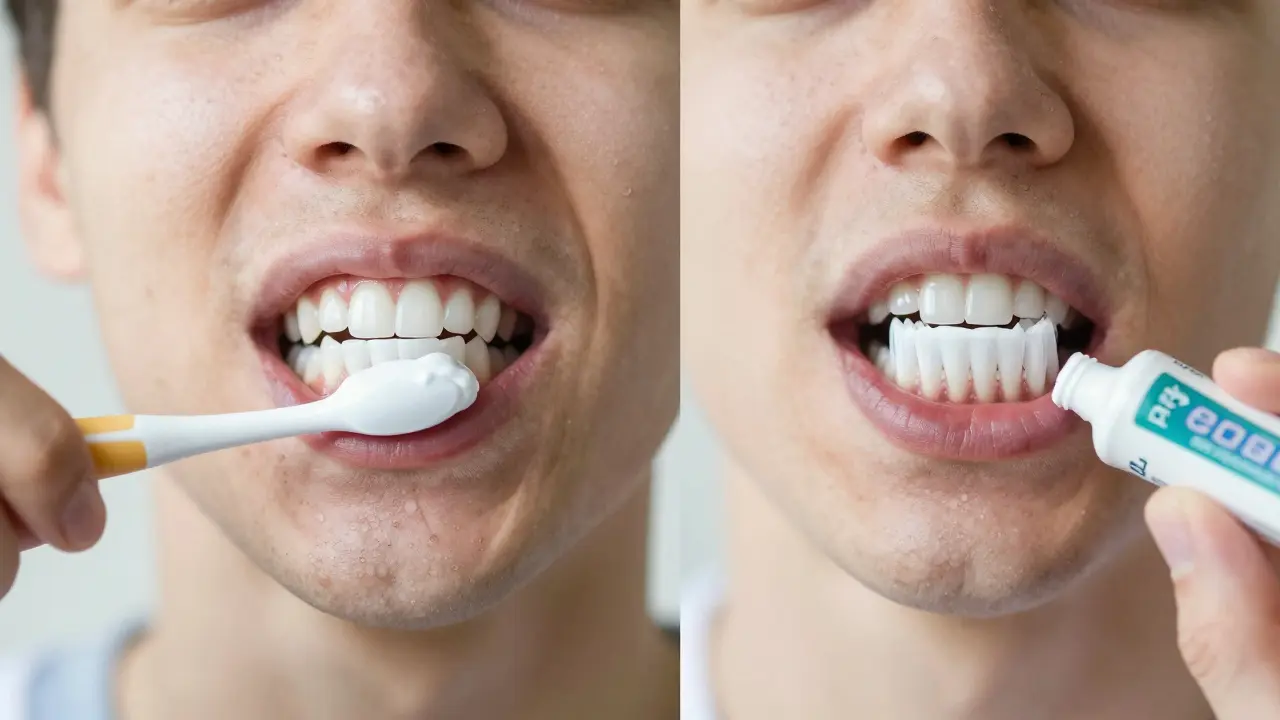 Porovnání poškození sklovinky při častém používání bělící pasty a zdravé hygieny s obyčejnou pastou.