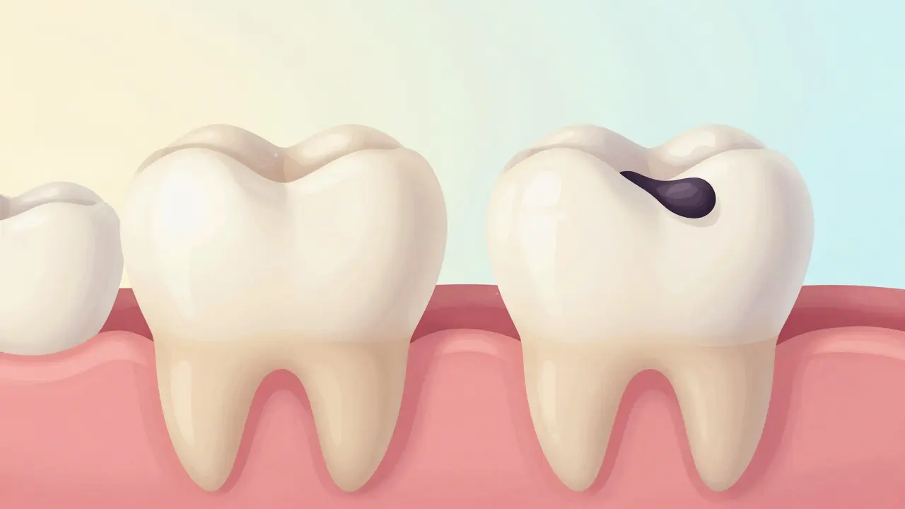 Přechod z počínajícího kazu zpět ke zdravému zubu.