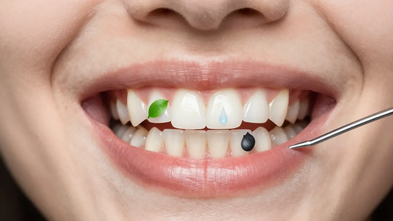 Přirozeně lesklý úsměv s symbolickými prvky zdravé hygieny: zelenina, voda, uhlí a odstranění kamenů.