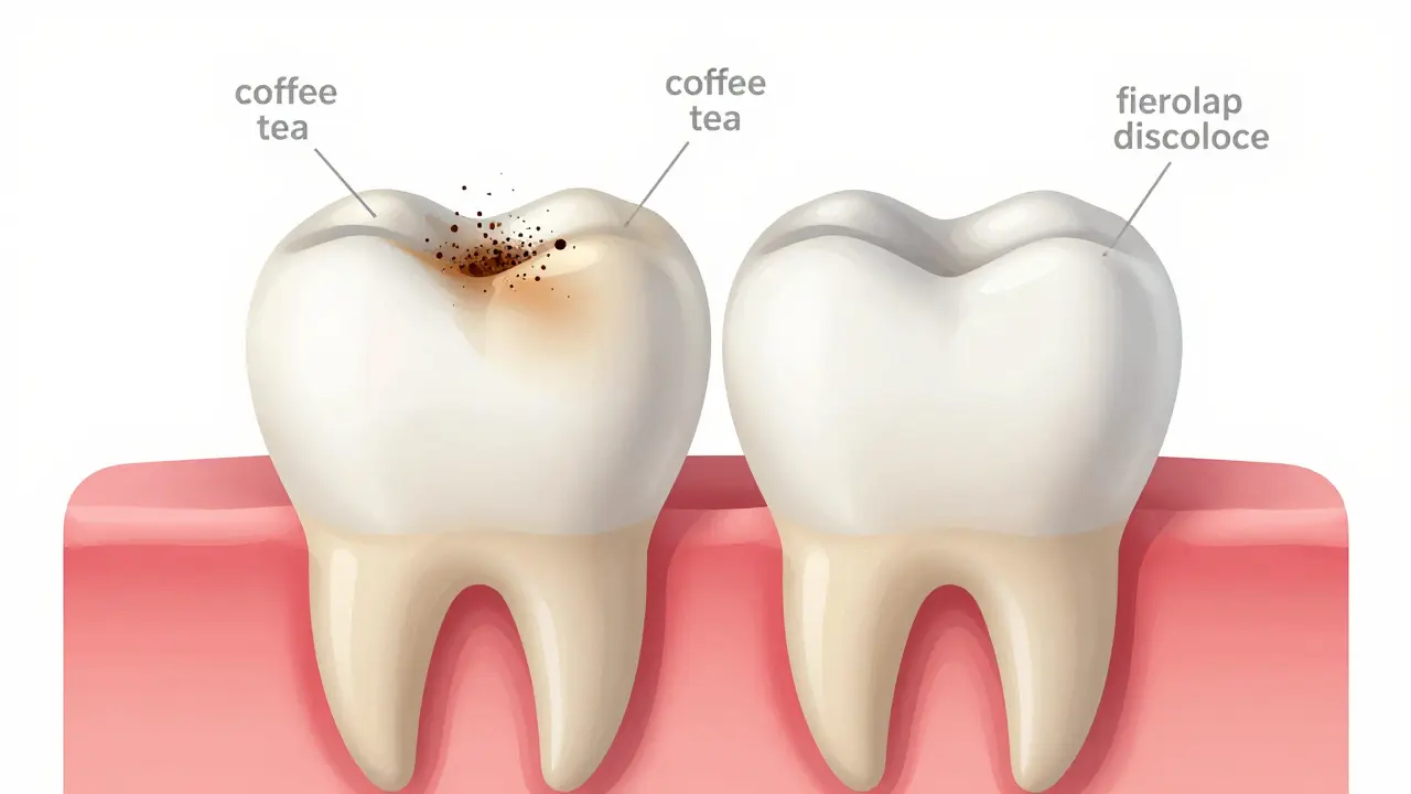 Průřez zubu s povrchovými skvrnami a jemným čištěním abrazivními částicemi.