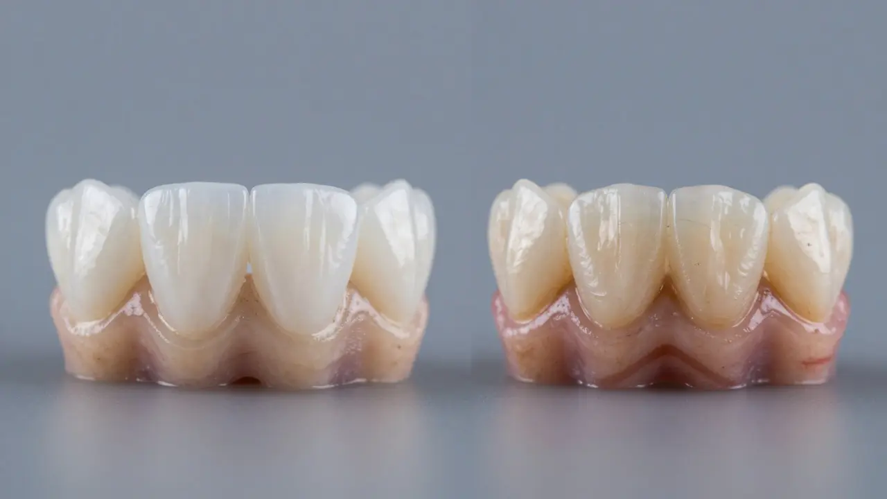 Side-by-side comparison of a glossy ceramic veneer and a stained, cracked composite veneer.