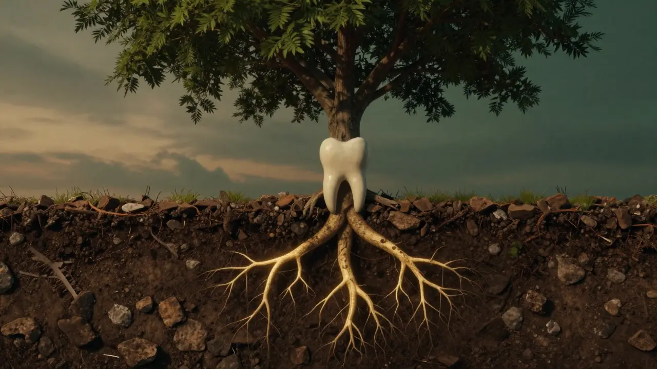 Strom s kmenem jako zubem a kořeny jako kostí, zakrytý kamenitým návrstvím pod zemí