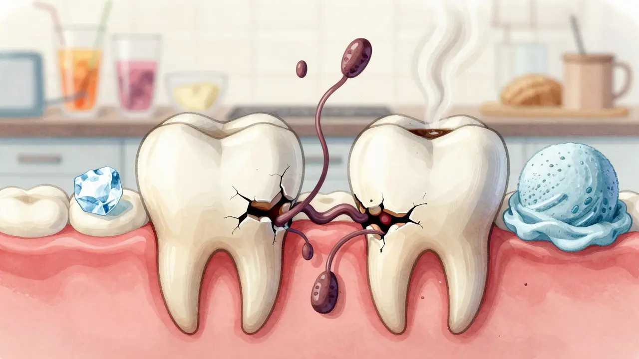 Umělecká představa poškození skloviny způsobené kousáním tvrdých potravin a teplotními šoky.